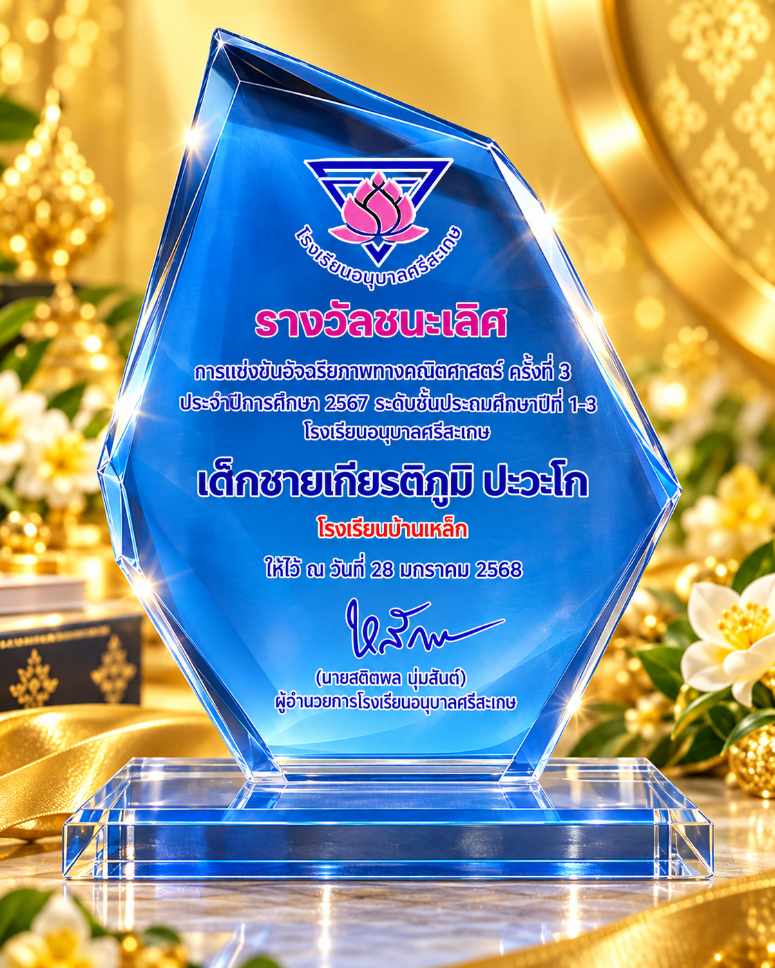 รางวัลชนะเลิก  การแข่งขันอัจฉริภาพทางคณิตศาสตร์  ครั้งที่ 3 ประจำปีการศึกษา 2567  ระดับชั้นประถมศึกษาปีที่ 1-3  ณ โรงเรียนอนุบาลศรีสะเกษ